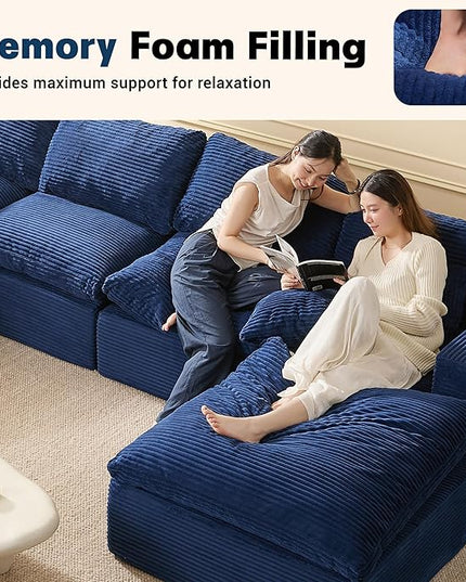 137.8” Sectional Couches for Living Room, Cloud Couch, Modular Sectional Sofa, Convertible Sofas Bed, Deep Seat Sofa, U Shaped Cozy Sofa Furniture Set, Corduroy,Blue
