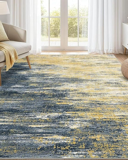 Modern Abstract Living Room Rug 8x10, Washable Area Rugs for Bedroom, Stain Resistant Non Slip Large Rug, Soft Indoor Carpet for Dining Room Table Home Decor, Yellow/Black