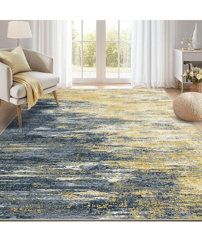 Washable Rug 9x12 Area Rug for Living Room, Non Slip Abstract Rug for Bedroom, Ultra Soft Area Rug, Low Pile Soft Contemporary Indoor Floor Carpet Cover, Yellow/Black