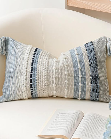 BlissBlush Decorative Lumbar Throw Pillow Cover 14x24 Boho Coastal Blue Accent Cushion for Couch Sofa Farmhouse Pillowcase for Bedroom Living Room Home Décor Cover ONLY