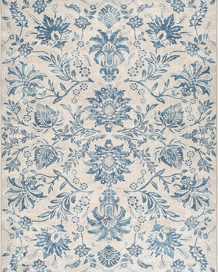 jinchan Torino Floral 8x10 Area Rugs, Vintage-Inspired Design Accent Living Room Rug, Machine Washable Ultra-Thin Low-Pile Non-Slip Traditional Carpet for Bedroom Dining Room Home Office, Dark Blue