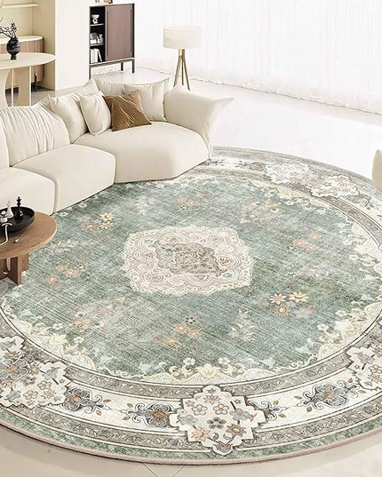 MUJOO Green Round Rug 9ft,Large Circle Washable Area Rugs for Bedroom Living Room Bathroom,Boho Non Slip Circular Carpet,Sage Floral
