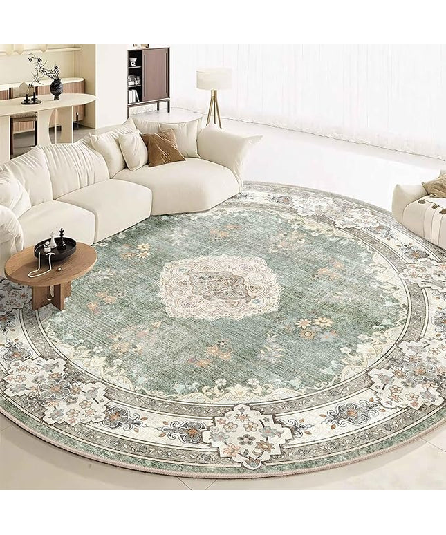MUJOO Green Round Rug 9ft,Large Circle Washable Area Rugs for Bedroom Living Room Bathroom,Boho Non Slip Circular Carpet,Sage Floral