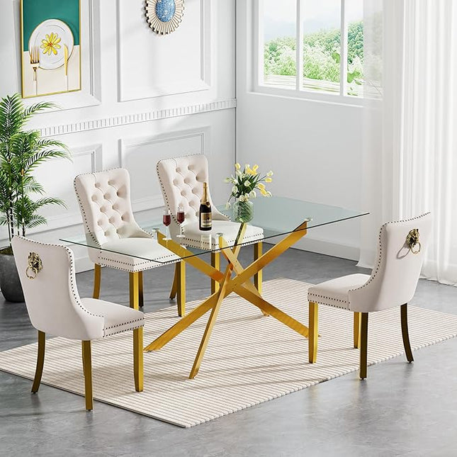 HomVent 5 Piece Rectangular Glass Dining Table Set, Tempered Glass Dinner Table Set for 4 Kitchen Table Set with 4 Velvet Upholstered Chairs for Kitchen Dining Room