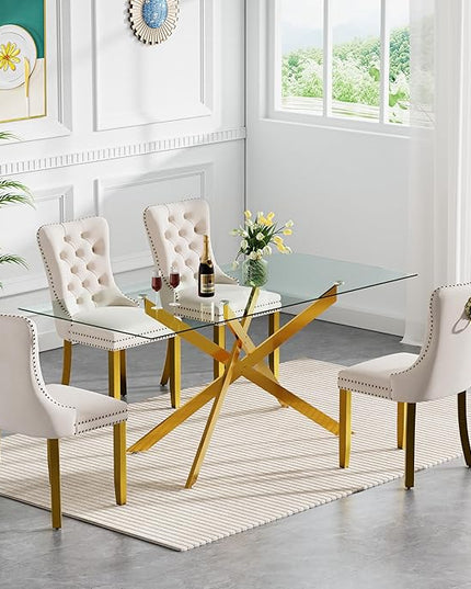 Modern 5-Piece Glass Dining Table Set for 4, Modern 60" Rectangle Gold Glass Dining Room Table Set with Beige Velvet Tufted Chairs Wood Legs for Kitchen Dining Room