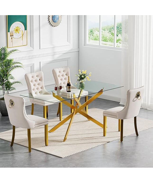 Modern 5-Piece Glass Dining Table Set for 4, Modern 60" Rectangle Gold Glass Dining Room Table Set with Beige Velvet Tufted Chairs Wood Legs for Kitchen Dining Room