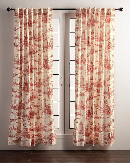 Maison d' Hermine Curtains for Living Room 100% Cotton 124 inch Length Two Panels Light Filtering Toile Curtains for Bedroom Windows with Rod and Loop Pockets Drapes (Calais Cardinal, 50" W x 124" L)