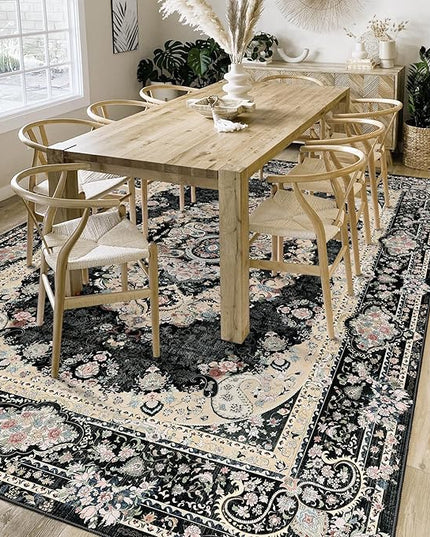 Casrage 6x9 Area Rugs Washable,Black Rug for Living Room Bedroom Kitchen,Large Boho Vintage Bohemian Distressed Carpet Non Slip,Floral