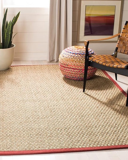 Safavieh Area Rug 3' Square - Natural Fiber Collection - Natural & Red, Seagrass, Basketweave Pattern with Border (NF114D)