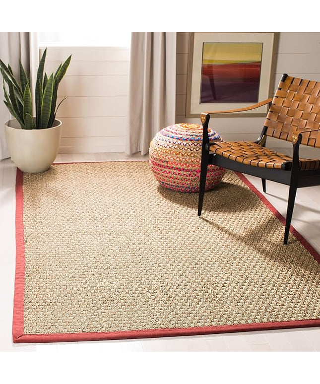 Safavieh Area Rug 3' Square - Natural Fiber Collection - Natural & Red, Seagrass, Basketweave Pattern with Border (NF114D)