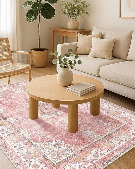 Pink Rug 4'x6.5',Washable Area Rugs for Bedroom Living Room Kitchen Entryway Bedside,Small Boho Vintage Bohemian Distressed Oriental Non Slip Carpet,Blush Floral Flowers