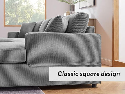 VANOMi 118'' U Shaped Sectional Sofa Couch, Corduroy Fabric Modern Cozy Jumbo Size 4-Seater Living Room Couch, Double Chaise Longue, Dark Grey