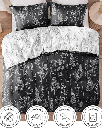 Love's cabin Black Queen Comforter Set - Queen Size Comforter Set, 3 Pieces Cute Floral Bedding Sets for All Seasons,1 Soft Reversible Botanical Flowers Comforter and 2 Pillow Shams