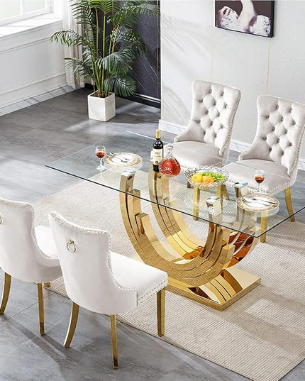 Henf 5-Piece Glass Dining Table Set with 4 Upholstered Dining Chairs,Large Glass Dining Room Table Set for 4, Modern Kitchen Table Furniture for Dining Room, Gold Dining Table and Chair Set for 4
