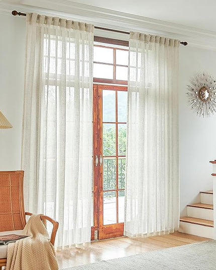 DUALIFE Natural Linen Sheer Curtains 108 Inches Long for Living Room 2 Panels Back Tab Loop Pocket Draperies Neutral Soft Textured Semi Sheer Linen Curtains for Large Window Vertical 9 FT 72x108 Inch