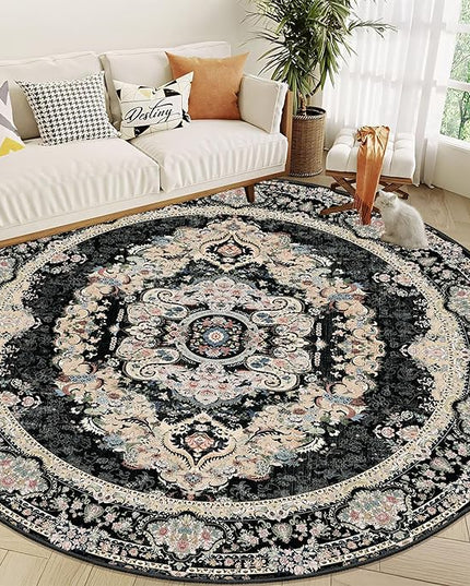 Black Round Rug 9ft,Large Circle Area Rugs for Bedroom Living Room Dining Room,Washable Boho Vintage Bohemian Distressed Oriental Carpet Non Slip,Floral