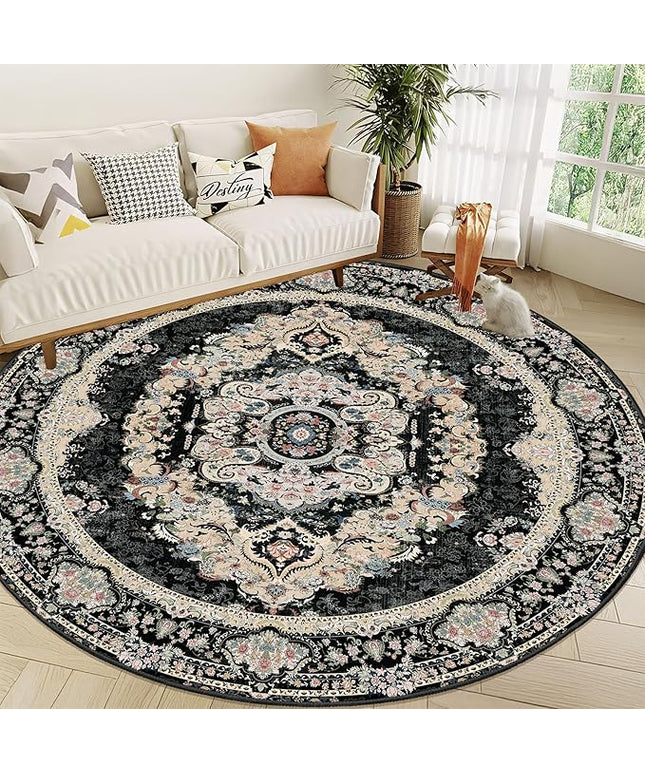 Black Round Rug 9ft,Large Circle Area Rugs for Bedroom Living Room Dining Room,Washable Boho Vintage Bohemian Distressed Oriental Carpet Non Slip,Floral