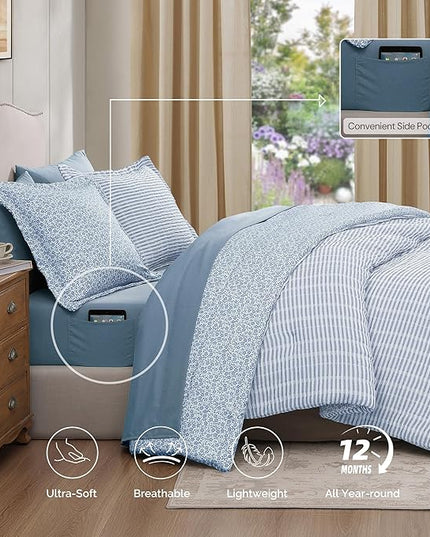 Queen Comforter Set - 7 Pieces Blue Gauze Muslin Bedding Sets for All Seasons, Lightweight Breathable Bed in a Bag Queen with Revesible Farmhouse Comforter, Sheets, Pillowcases & Shams