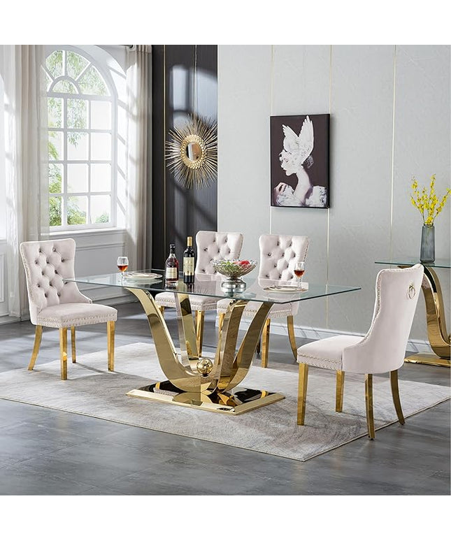 5-Piece Glass Dining Table Set w/4 Beige Upholstered Dining Chairs, 70in Rectangular Large Kitchen Table Set for 4, Glass and Gold Dining Table and Chair Set for 4