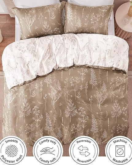 Love's cabin Light Taupe Twin Comforter Set - Twin XL Size Dorm Bedding, 2 Pieces Cute Floral Bedding Comforter Set, Soft Reversible Flowers Comforter, 1 Comforter & 1 Pillow Sham