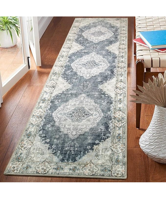 MUJOO Hallway Runner Rug 2'x8' Blue Grey Long Rug Runners Boho Machine Washable Non Slip Carpet for Entryway Kitchen Bathroom Bedside Retro Soft Low-Pile Blossom