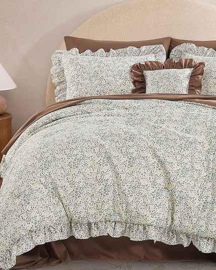 Full Comforter Set - 7 Pieces Ruffle Beige Ditzy Bedding Sets, Shabby Chic Farmhouse Bed in a Bag Full with Floral Comforter, Sheets, Pillowcases & Shams