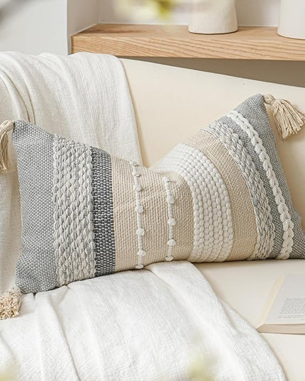 BlissBlush Decorative Lumbar Throw Pillow Cover 14x24 Boho Gray Accent Cushion for Couch Sofa Farmhouse Pillowcase for Bedroom Living Room Home Décor Cover ONLY