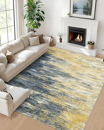 Washable Rug 9x12 Area Rug for Living Room, Non Slip Abstract Rug for Bedroom, Ultra Soft Area Rug, Low Pile Soft Contemporary Indoor Floor Carpet Cover, Yellow/Black