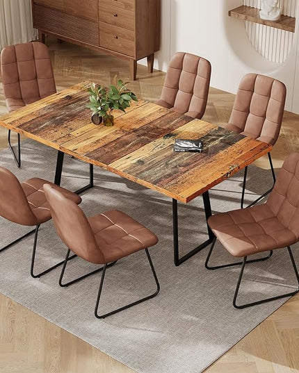 ZckyCine Extendable Dining Table Set 47"-63", Rustic Wood Table with 6 PU Leather Chairs, Modern Scandinavian Dining Room Furniture for Kitchen Apartment