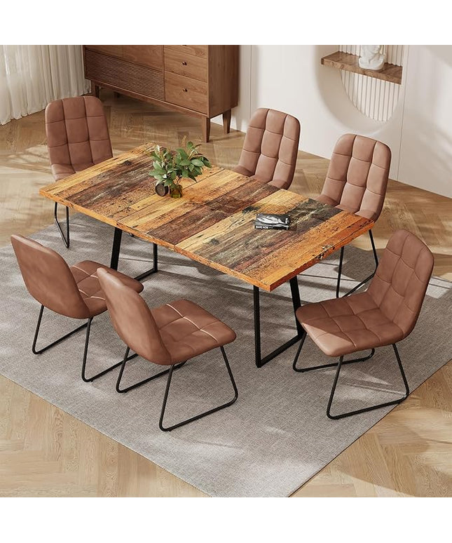 ZckyCine Extendable Dining Table Set 47"-63", Rustic Wood Table with 6 PU Leather Chairs, Modern Scandinavian Dining Room Furniture for Kitchen Apartment