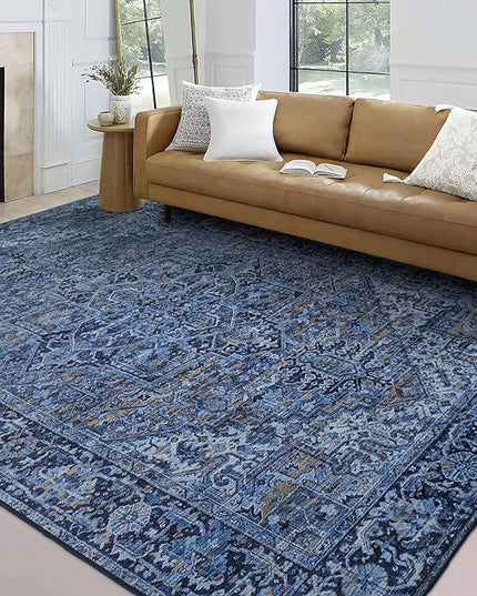 ReaLife Rugs Machine Washable Area Rug - Living Room Bedroom Bathroom Kitchen Entryway Office - Padded Low Pile Stain Resistant Premium - Boho Vintage Traditional - Lyle - Blue 4' x 6'