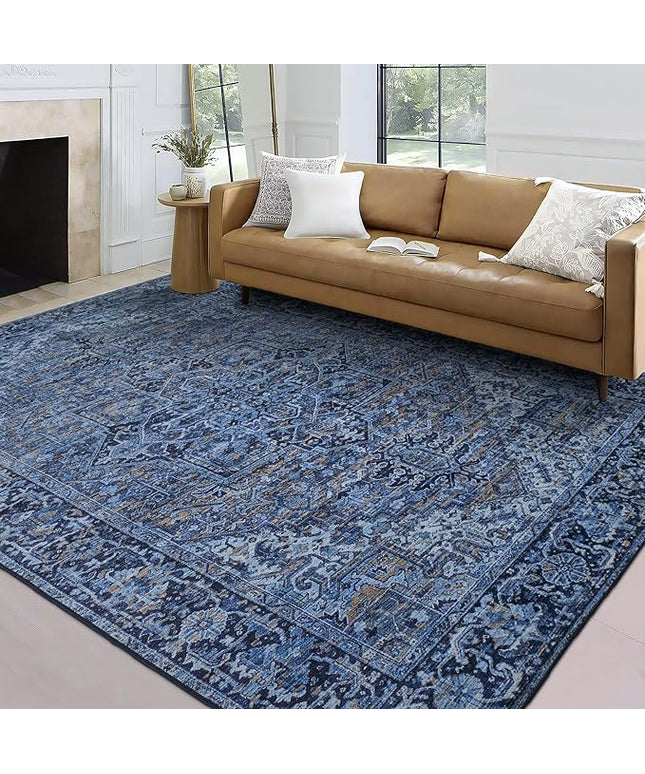 ReaLife Rugs Machine Washable Area Rug - Living Room Bedroom Bathroom Kitchen Entryway Office - Padded Low Pile Stain Resistant Premium - Boho Vintage Traditional - Lyle - Blue 5' x 7'
