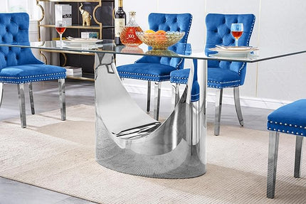 70" Large Glass Dining Table,Modern Rectangular Dining Room Table with 0.39" Tempered Glass Top & Silver Finish Stainless Steel Legs, Modern Clear Kitchen Table for Home Office