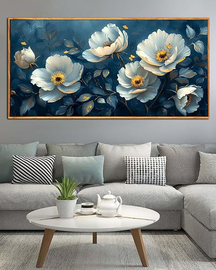 Ouzzlie Large Flower Wall Decor Blue Wall Art for Living Room Office Gold Butterfly Picture Artwork Canvas 29" x 59"