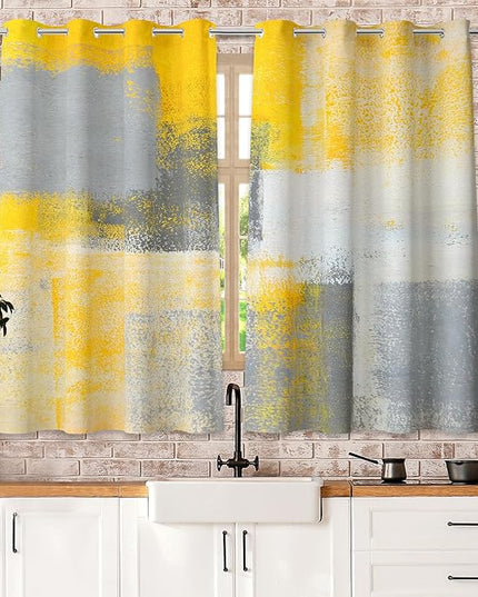 Yellow Window Curtain Yellow Grey Abstract Thermal Insulating Drapes Rust Art Treatment Drapes Modern Curtains for Living Room Bedroom Hotel, 26" x 36", 2 Panels