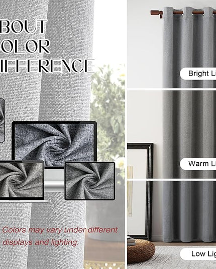 100% Blackout Grey Linen Curtains 108 Inch Length, Thermal Insulated Lightweight Floor to Ceiling Grommet Curtains for Bedroom Living Room, Grey, W52 x L108, 2 Panels