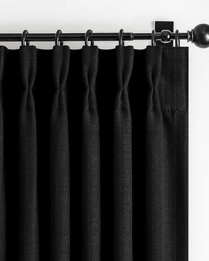 Pleat Linen Blend 100% Blackout Curtains for Bedroom 84 Inches Long 2 Panels Set, Pinch Pleated Black Out Aesthetic Curtain 7 FT Length Double Layer Insulated Thermal Office Drapes with Metal Rings