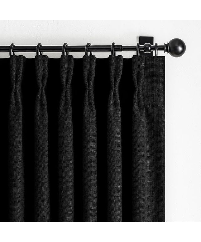 Pleat Linen Blend 100% Blackout Curtains for Bedroom 84 Inches Long 2 Panels Set, Pinch Pleated Black Out Aesthetic Curtain 7 FT Length Double Layer Insulated Thermal Office Drapes with Metal Rings