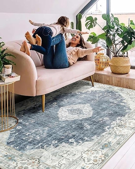 MUJOO Boho Rug 4'x6.5' Area Rugs for Bedroom Living Room Dining Room Blue Grey Rugs Machine Washable Non Slip Carpet for Office Dorm Kitchen Laundry Room Accent Soft Low-Pile Floral