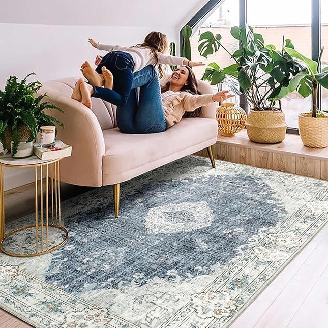MUJOO Boho Rug 4'x6.5' Area Rugs for Bedroom Living Room Dining Room Blue Grey Rugs Machine Washable Non Slip Carpet for Office Dorm Kitchen Laundry Room Accent Soft Low-Pile Floral