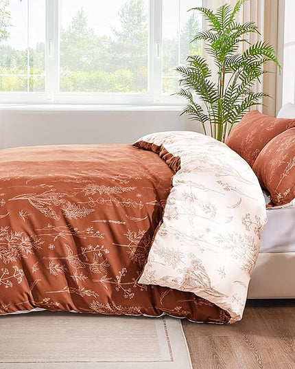 Love's cabin Terracotta Full Comforter Set - Full Size Comforter Set, 3 Pieces Cute Floral Bedding Sets for All Seasons,1 Soft Reversible Botanical Flowers Comforter and 2 Pillow Shams