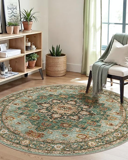 Washable Oriental Area Rug - 5ft Round Rugs for Living Room Soft Carpet for Bedroom Waterproof Floral Distressed Indoor Stain Resistant Non-Shedding Floor Carpets (Green, 5ft-Round)