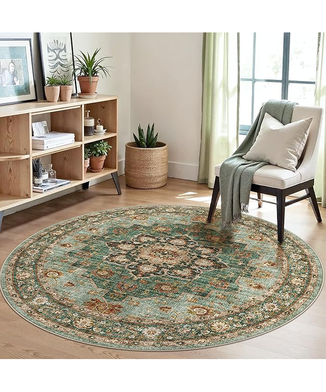 Washable Oriental Area Rug - 5ft Round Rugs for Living Room Soft Carpet for Bedroom Waterproof Floral Distressed Indoor Stain Resistant Non-Shedding Floor Carpets (Green, 5ft-Round)