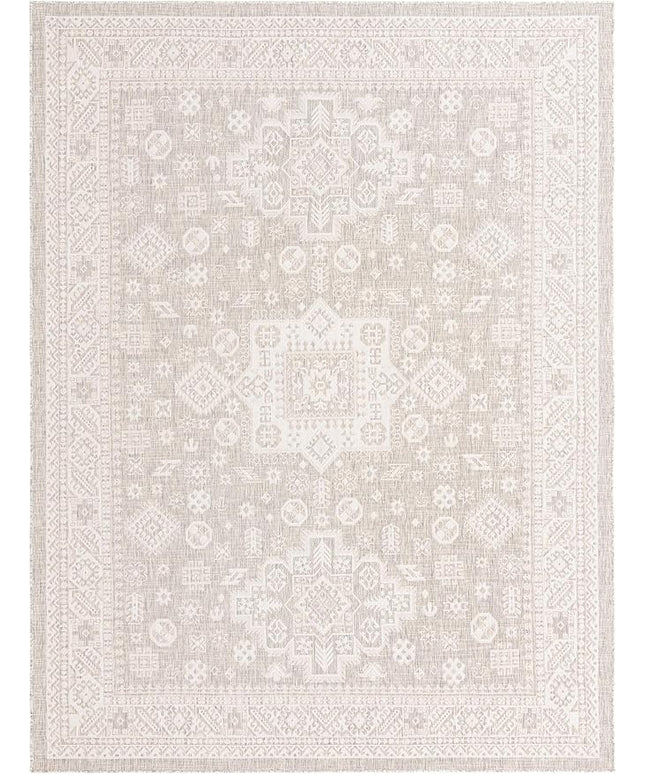 Rugs.com Outdoor Aztec Collection Rug – 9' x 12' Light Gray Flatweave Rug Perfect for Living Rooms, Large Dining Rooms, Open Floorplans