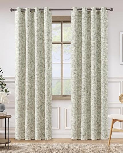 Lazzzy Linen Farmhouse Lined Curtains Green Floral 84 Inch Length Grommet Top Drapes for Living Room Bedroom Flower Patterned Country Vintage Curtains 2 Panels Set Green on Beige