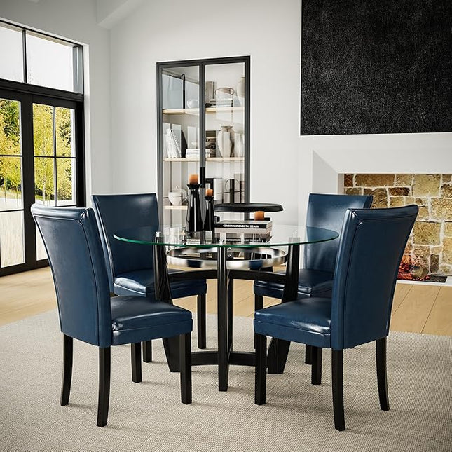 PADMA HOUSE Round Glass Dining Table Set for 6, 45in Modern Kitchen Small Wood Dinner Table with 6 Parsons Leather Dining Chairs 7 Piece Dining Room Table Chair Set, Clear&Purplish Blue