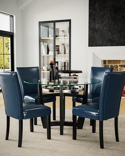 PADMA HOUSE Round Glass Dining Table Set for 4, 45in Modern Kitchen Small Wood Dinner Table with 4 Parsons Leather Dining Chairs 5 Piece Dining Room Table Chair Set, Clear&Purplish Blue