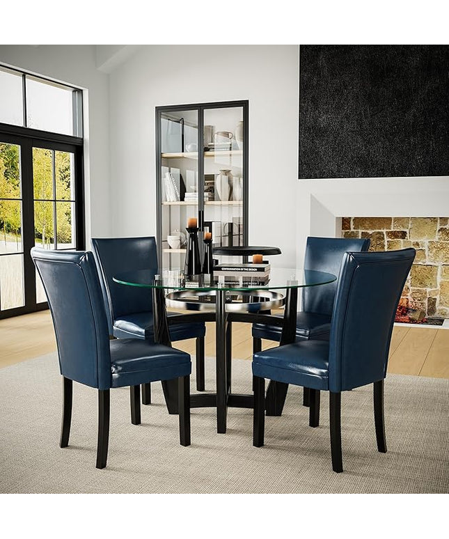 PADMA HOUSE Round Glass Dining Table Set for 4, 45in Modern Kitchen Small Wood Dinner Table with 4 Parsons Leather Dining Chairs 5 Piece Dining Room Table Chair Set, Clear&Purplish Blue