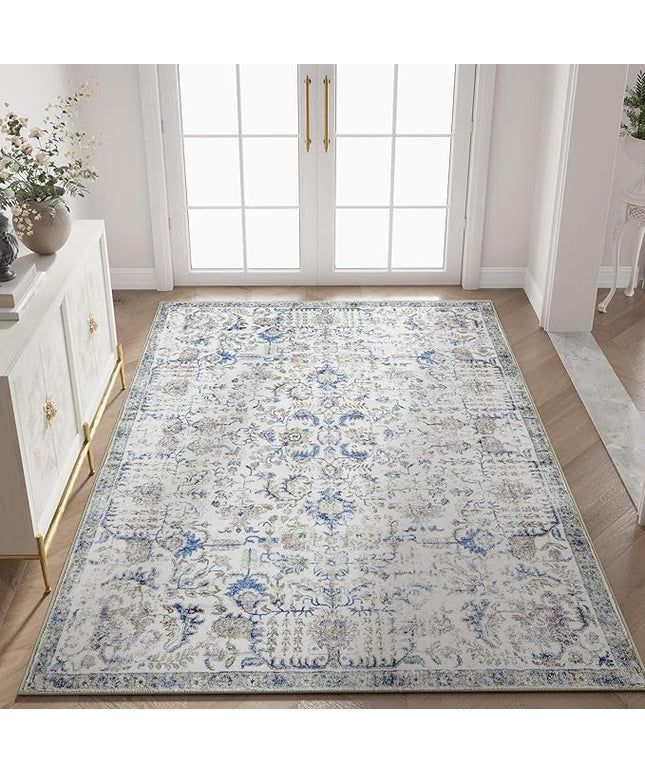 jinchan Kalen Area Rug 5x7 Washable Living Room Rug Soft Vintage Indoor Thin Retro Distressed Floor Cover Blue Floral Country Boho Rug Non Slip Carpet for Bedroom Office Dining Room
