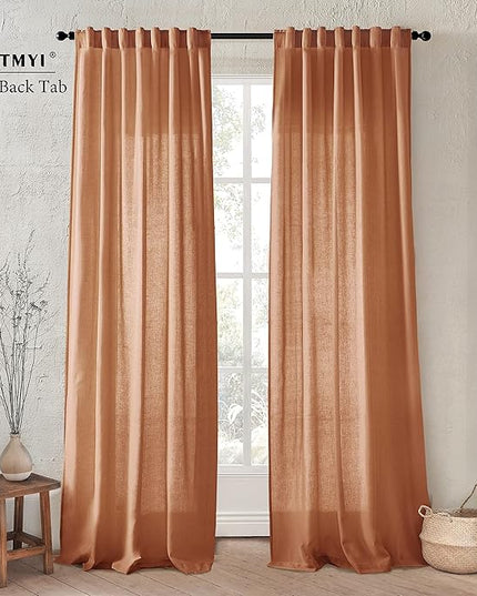 XTMYI Terracotta Vintage Boho Curtains, Rust Colored Linen Sheer Rustic Farmhouse Western Curtains for Bedroom Living Room Home Decor, 84 Inches Long, 2 Panels Set